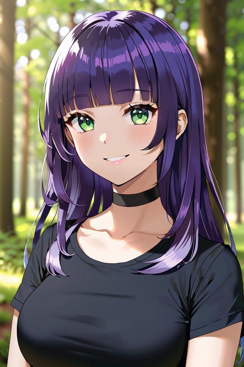 solo, long hair, wavy hair, purple hair, blunt bangs, green eyes, large breasts, black t-shirt, choker, smile,portrait, forest, depth of field, masterpiece, best quality,