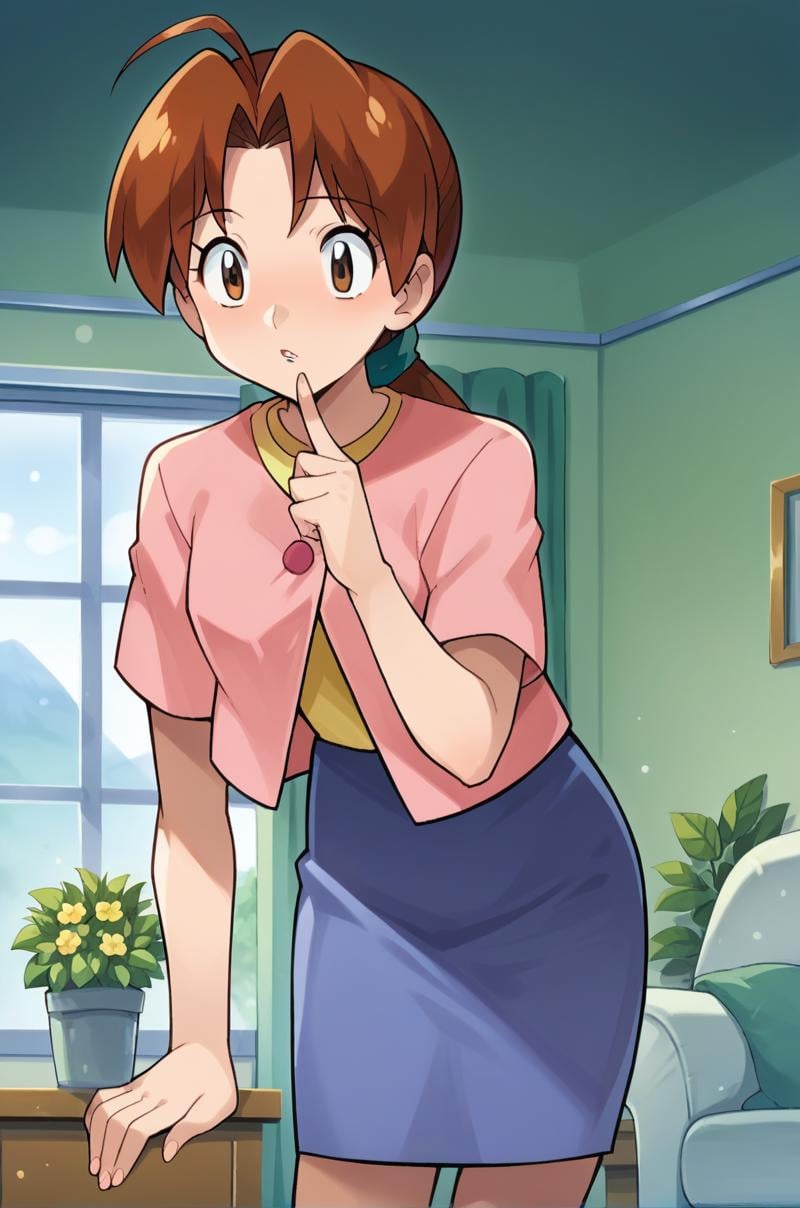 score_9, score_8_up, score_7_up, score_6_up, score_5_up, score_4_up, source_anime, BREAK 1girl, <lora:Delia_Ketchum:1>, deliaketchum, brown hair, low ponytail, ahoge, brown eyes, aqua scrunchie, deliahome, layered clothes, pink shirt, yellow shirt, pink button, blue skirt, thighs, looking at object, parted lips, hand on own chin, leaning forward, living room