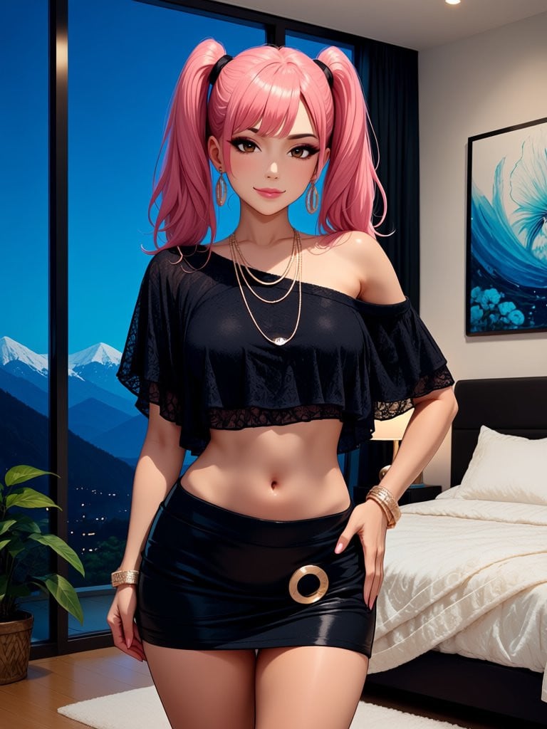 A cowboy shot image of an 24 year old woman with medium breasts,  pink twin tail hair and brown eyes,  wearing a by Ttan o...
