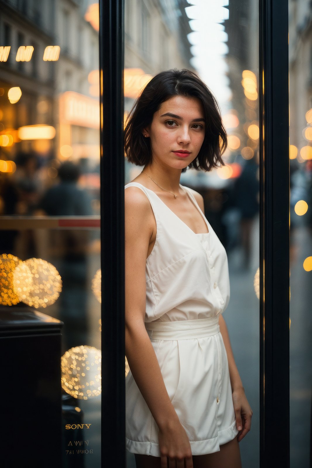 Street photography photo of a stylish French girl, with short hair, capturing her reflection in a storefront while window-shopping, upper body framing, on a quaint Parisian street, with neon lighting from shop signs, shot from a high angle, on a Sony A7111, with a (bokeh effect:1.3),(in the style of Garry Winograd:1.4)