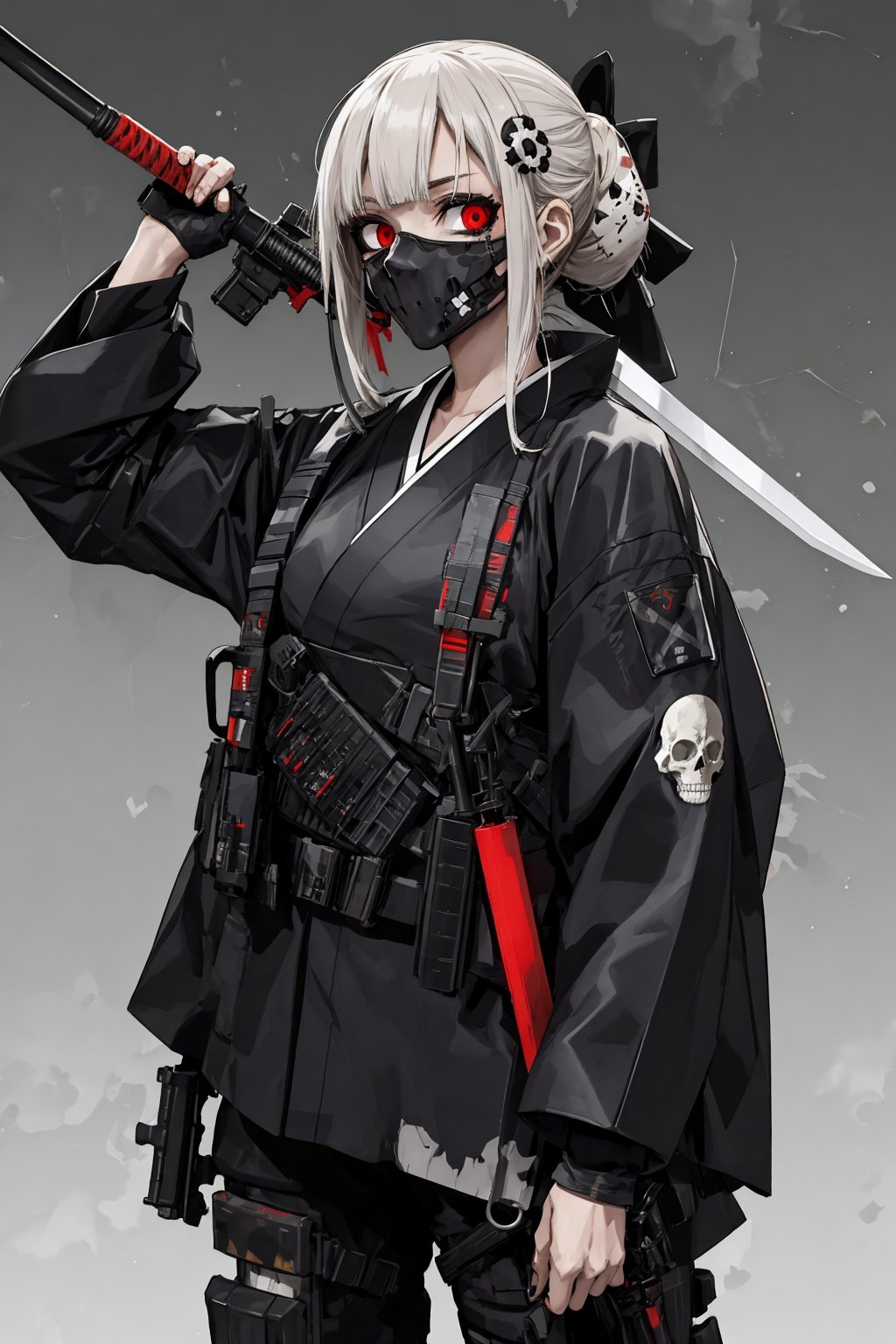 best quality, high_resolution,girl,kimono techwear, skull bone, guro girl, zombie,holding weapon,detailed background, 