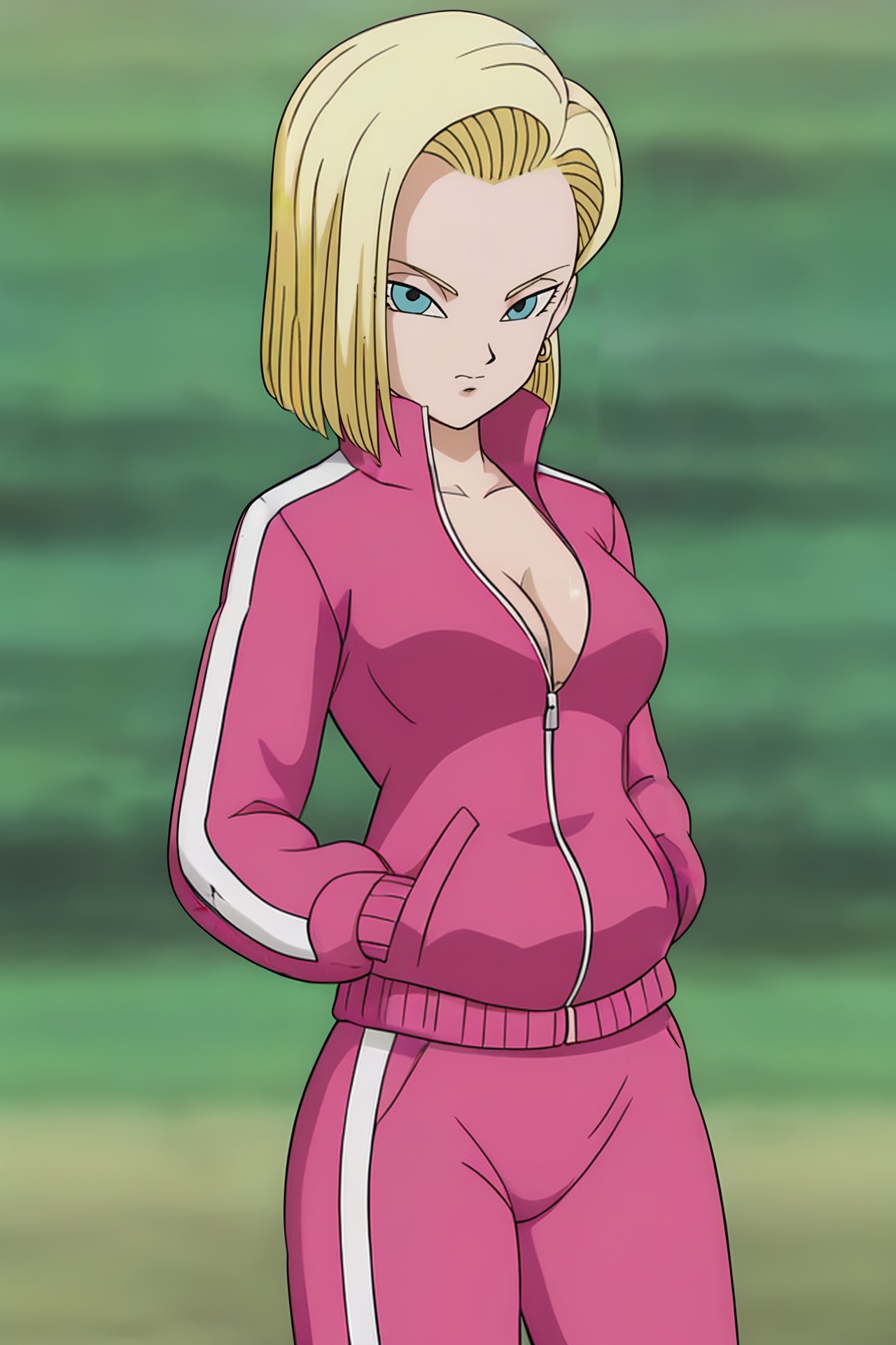 source_anime, score_9, score_8_up, score_7_up, anime screencap, high quality, android 18, dragon ball super, anime coloring, official style, 1girl, solo, breasts, looking at viewer, short hair, blue eyes, blonde hair, cleavage, medium breasts, gold earrings, partially unzipped, track jacket, hands in pockets, pink jacket, track suit, track pants, collar up, cowboy shot, green sky, long sleeves, pink bottomwear, two tone jacket, two tone pants, v-shaped eyebrows, v-shaped eyes, zipper, collarbone <lora:c18_pony:0.8>