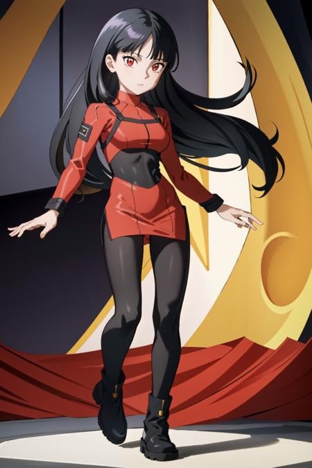 SabrinaPKMN,1girl,standing,facing viewer,long hair,black hair,bodysuit,black bodysuit,red shirt,yellow trim,red skirt,bodysuit under clothes,boots,in spooky purple room,red eyes,(full body), <lora:SabrinaPKMN:0.8>