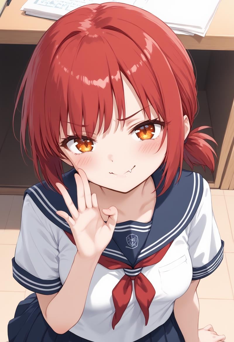 1girl, medium breasts, school uniform,mesugaki, smile, looking at viewer, blush, hand up, skin fang, <lora:mesugaki_Pony_v1:0.9>from above, portrait, looking at viewer, red hair, orange eyes,disgust, chapter House, closed mouth, short ponytail hair,,