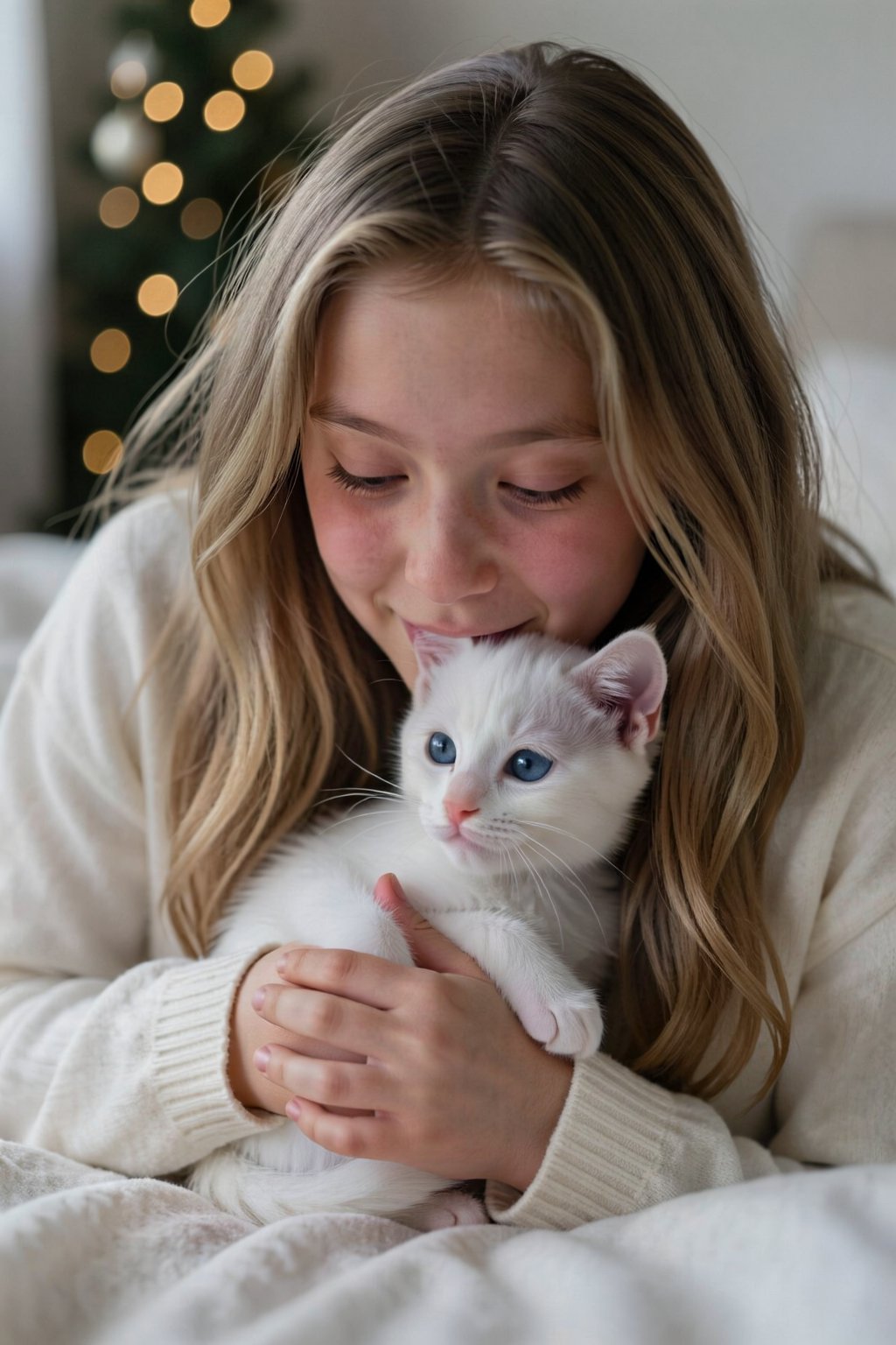 A woman,  likely in her early twenties,  is lying on a bed and cuddling a white kitten. She has long by 天TIN on Tensor.Art