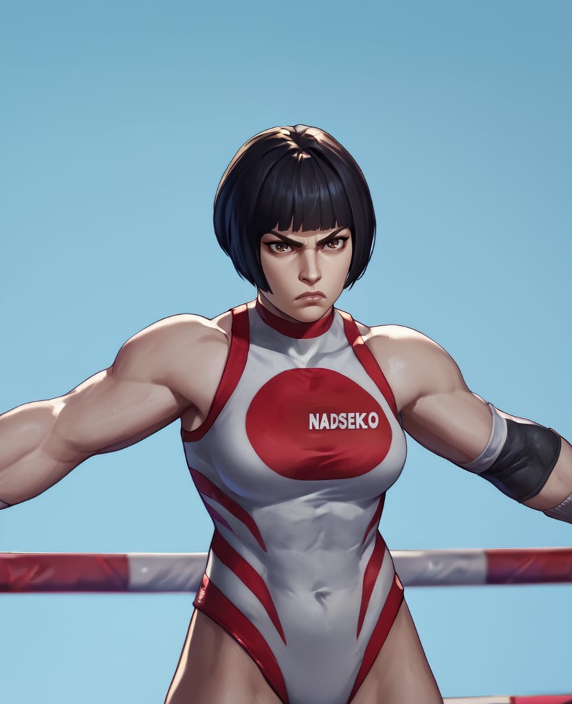 score_9,score_8_up,score_7_up,score_6_up,nadeshikoxl,black hair,bob cut,brown eyes,serious,leotard with circleelbow pads,wristband,bare shoulders,solo,wrestling ring,fighting stance,<lora:NadeshikoXL-full:0.8>,