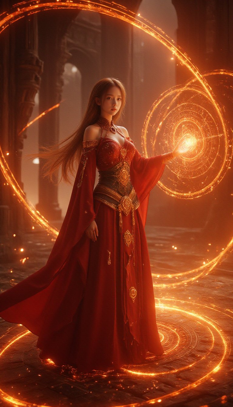 <lora:FL-bailing-24-0831magic array-000009:0.8>,bailing_magic_circle,The girl was surrounded by magic arrays,A cinematic shot of a sorceress in a richly detailed gold and red wizard robe, standing on an ancient, carved stone platform. Her fiery red aura contrasts with the intricate fire magic she controls through a glowing red spell circle in her hand. The hyper-detailed scene shows her elegant braided hair flickering in the wind, as the red magic array reflects fiercely on her perfect face. Her eyes glow with passion as she summons a massive fire elemental, its flames swirling with life, casting shadows across the magical landscape. Spell circles and reflective light from the array beneath her create a vivid display of power. The hyper-detailed rendering, filled with a mix of fiery hues and rich textures, captures the high fantasy atmosphere, making the viewer feel the heat of the moment.