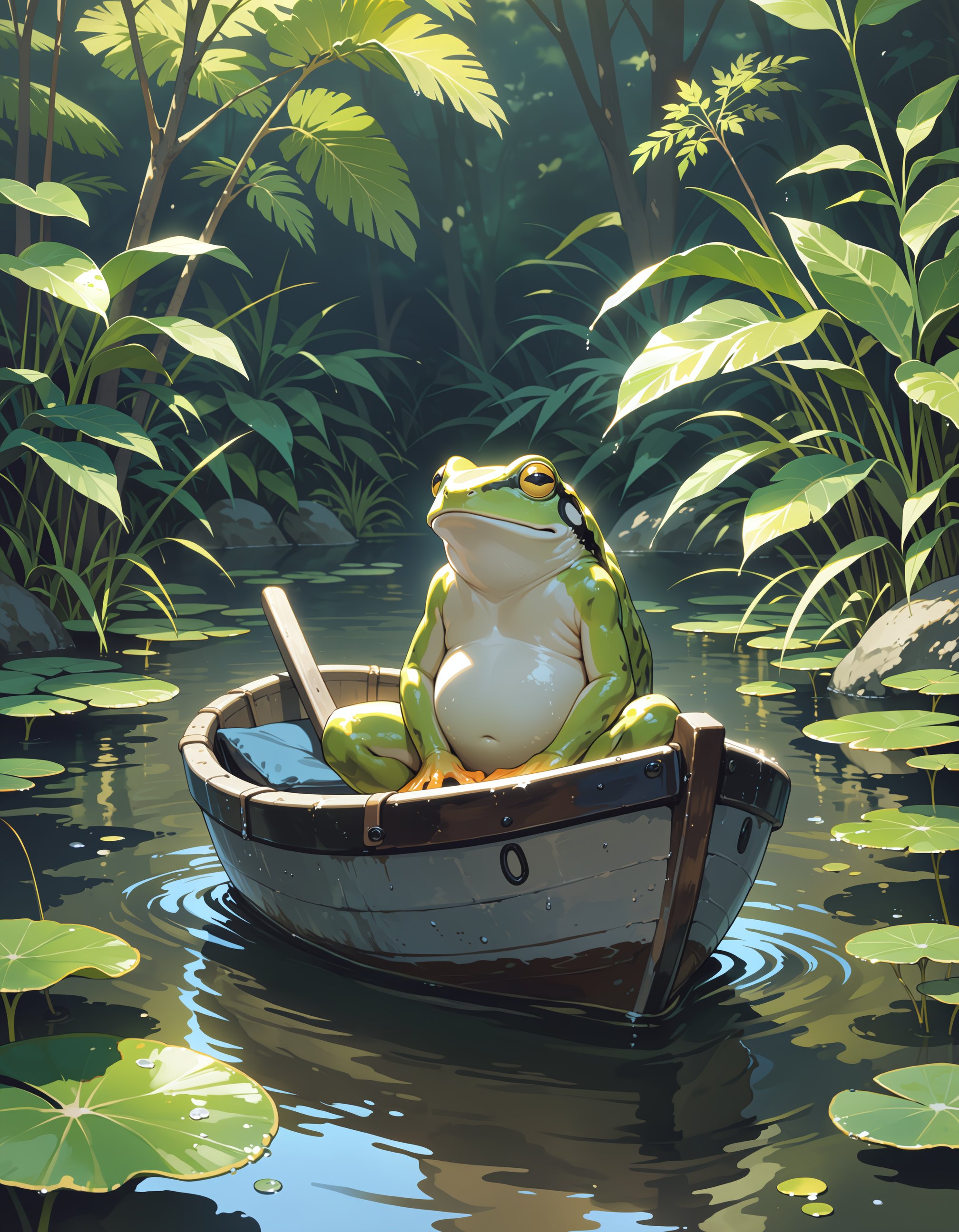 A film photography of a frog sat in a boat. the pond is in a bog with lush foliage. film grain,  bloom. by inknoir on Tens...