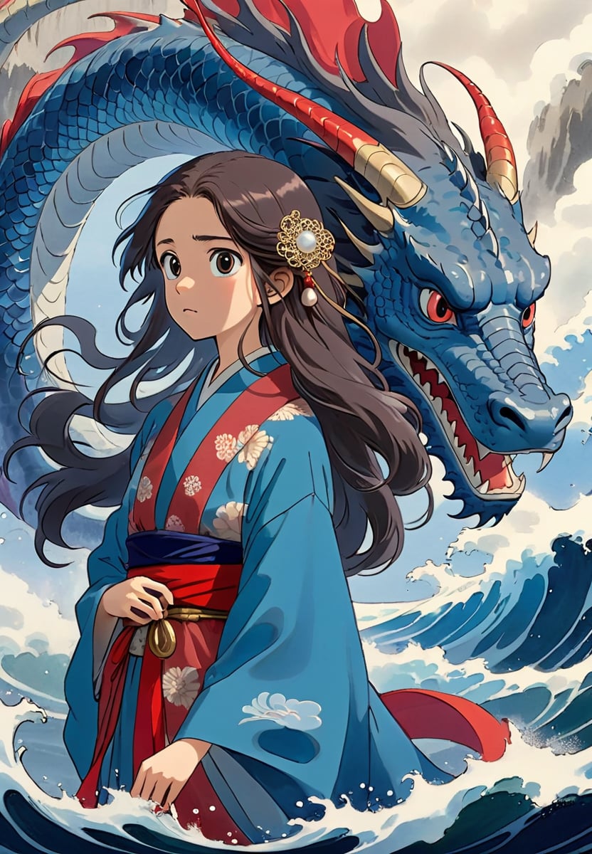 Studio  Ghibli，Colorshow , a young woman with long flowing hair stands beside a massive dragon amidst a turbulent sea, she wears a blue kimono with a red sash and holds a small pearl in her hand, the dragon has sharp teeth and scales, and its eyes are focused intently on something in the distance