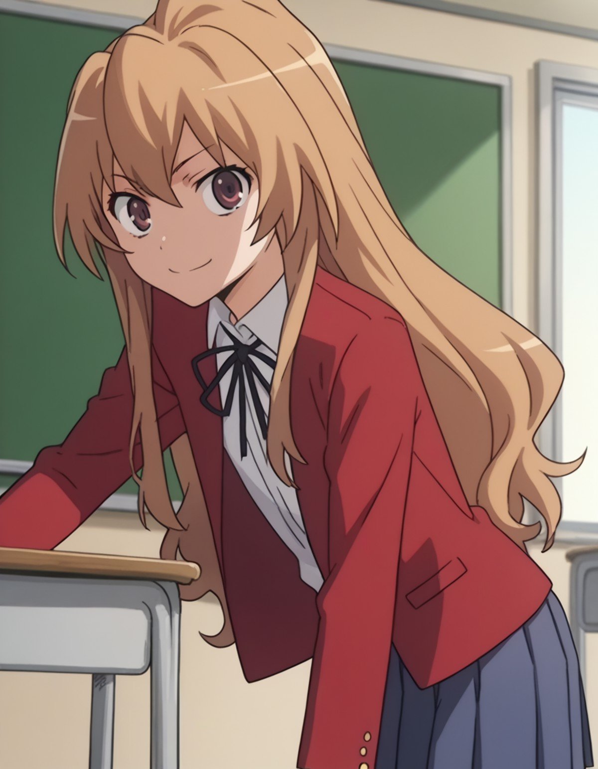 score_9, score_8_up, score_7_up, source_anime,taigaaisaka, <lora:taiga-aisaka-s1-ponyxl-lora-nochekaiser:1>,taiga aisaka, long hair, brown hair, brown eyes,school uniform, oohashi high school uniform, jacket, red jacket, long sleeves, shirt, white shirt, collared shirt, ribbon, skirt, pleated skirt,indoors, classroom, bent over, smile,looking at viewer, solo, cowboy shot, dutch angle,