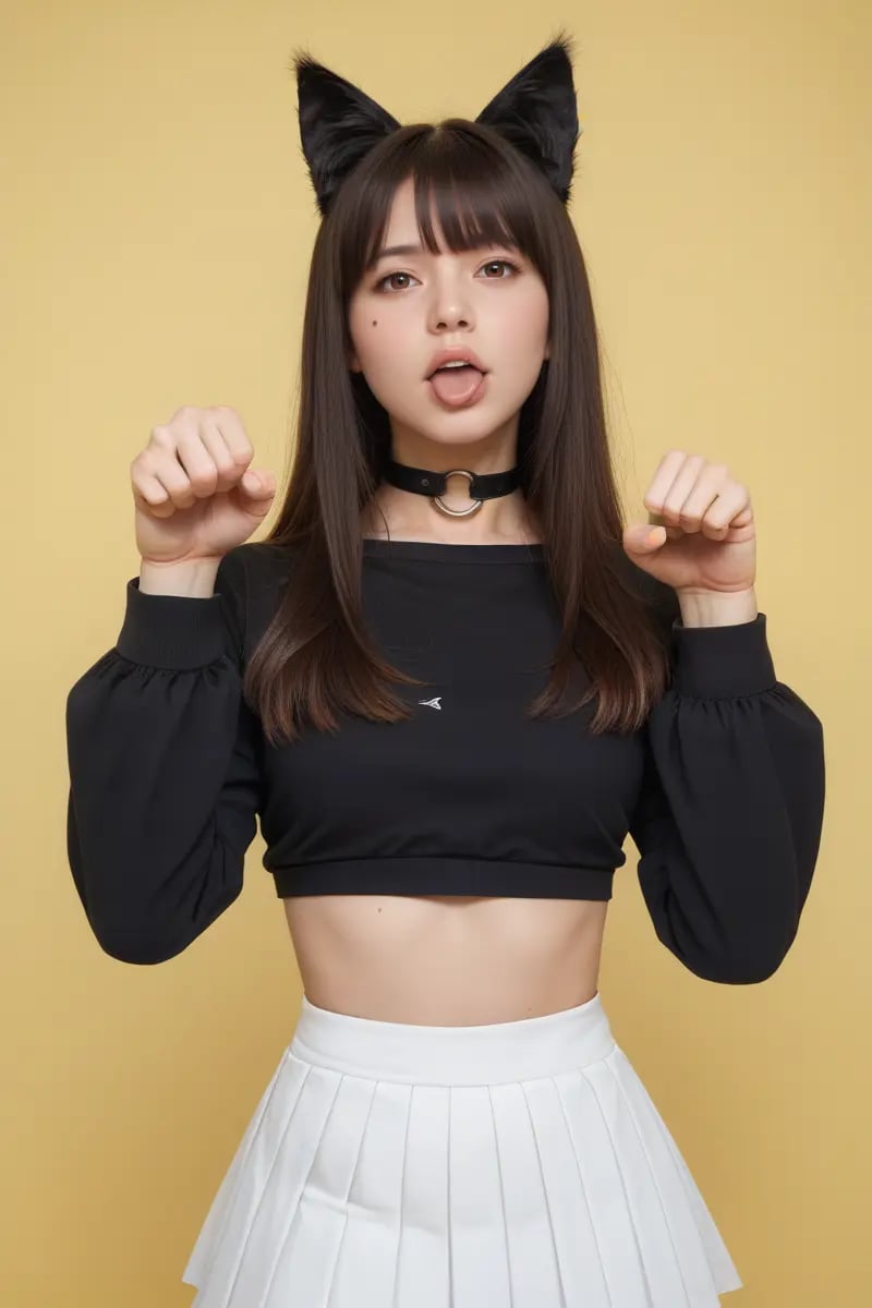 score_9,score_8_up,score_7_up, 20 years old, 8k, hd, beautiful girl,1girl, animal ears, bangs, black choker, bikini, o-ring, choker, yellow background, brown eyes, paw pose, long hair, long sleeves, looking at viewer, pleated skirt, realistic, skirt, solo, standing, white skirt, (fuller lips:0.8), beauty mark,half body, tongue out,