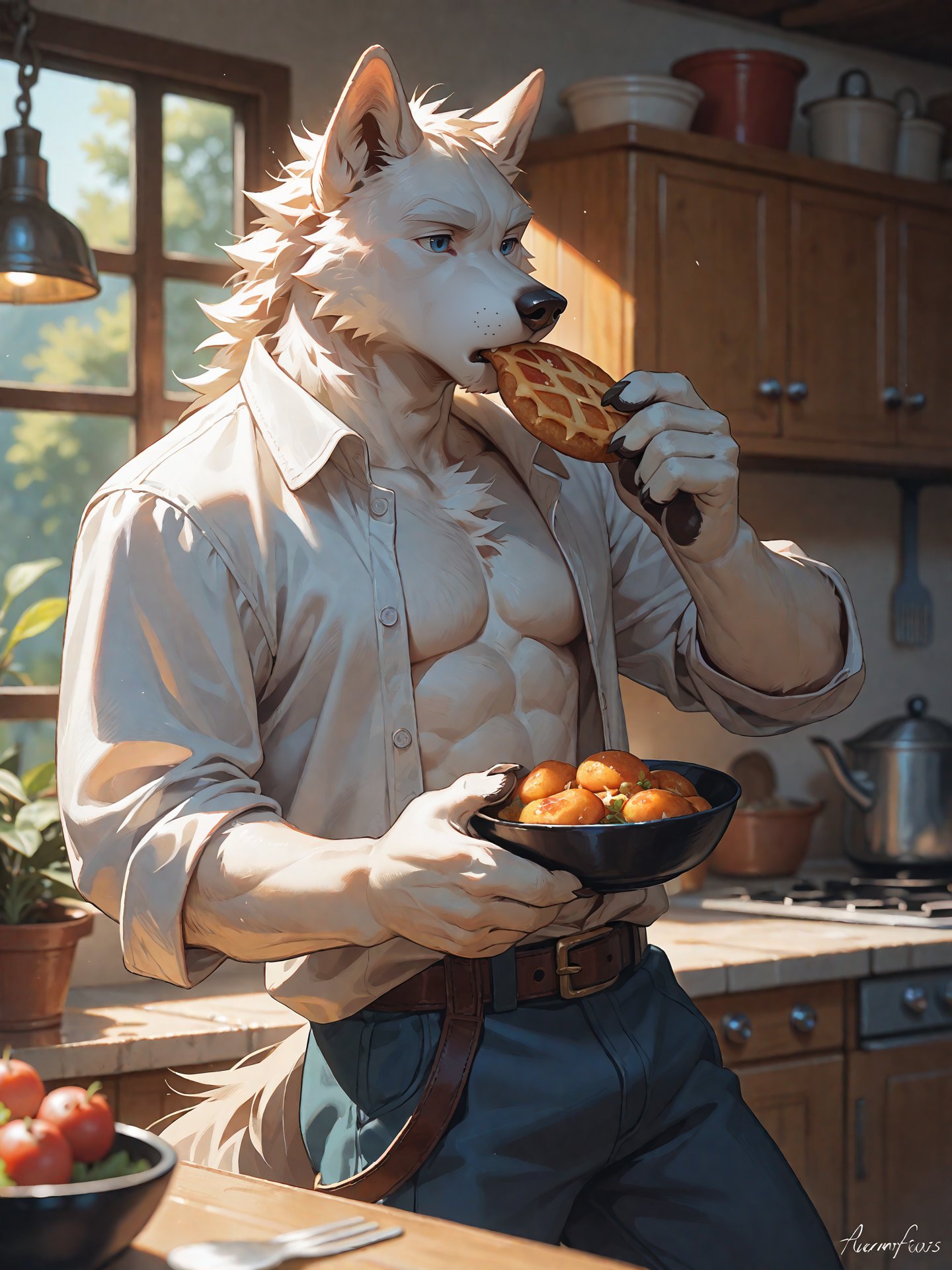 canid, canids, wolf, solo, anthro, male, white fur, (white body:1.5), white eyebrows, clothed, open topwear, open shirt, white shirt, belt, pants, blue eyes, humanoid hands, food, eating, inside, kitchen, window, sunlight, plants, detailed background BREAK score_9_up,score_8_up,score_7_up,score_6_up,score_5_up,score_4_up