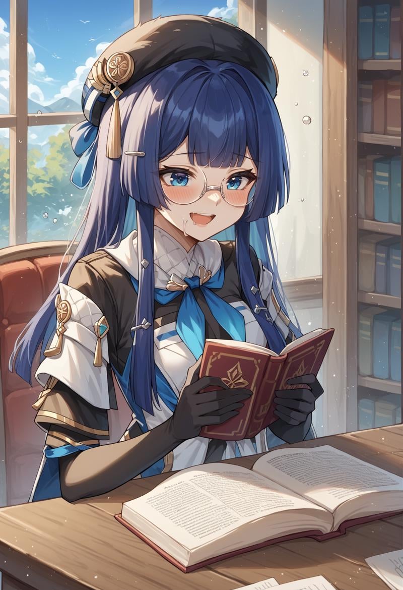 1girl, long hair, blue hair, hime cut, blue eyes, hat tassel, hairclip, beret, hair ornament, glasses, round eyewear, blue neckerchief, ribbon, long sleeves, wide sleeves, skirt, elbow gloves, pantyhose,  sitting, indoors, library, upper body, holding book, blushing, female pervert, pervert, smile, open mouth, drool, half-closed eyes, reading <lora:Pela_XL:1>, score_9, score_8_up, score_7_up, score_6_up, score_5_up, score_4_up, BREAK source_anime, masterpiece