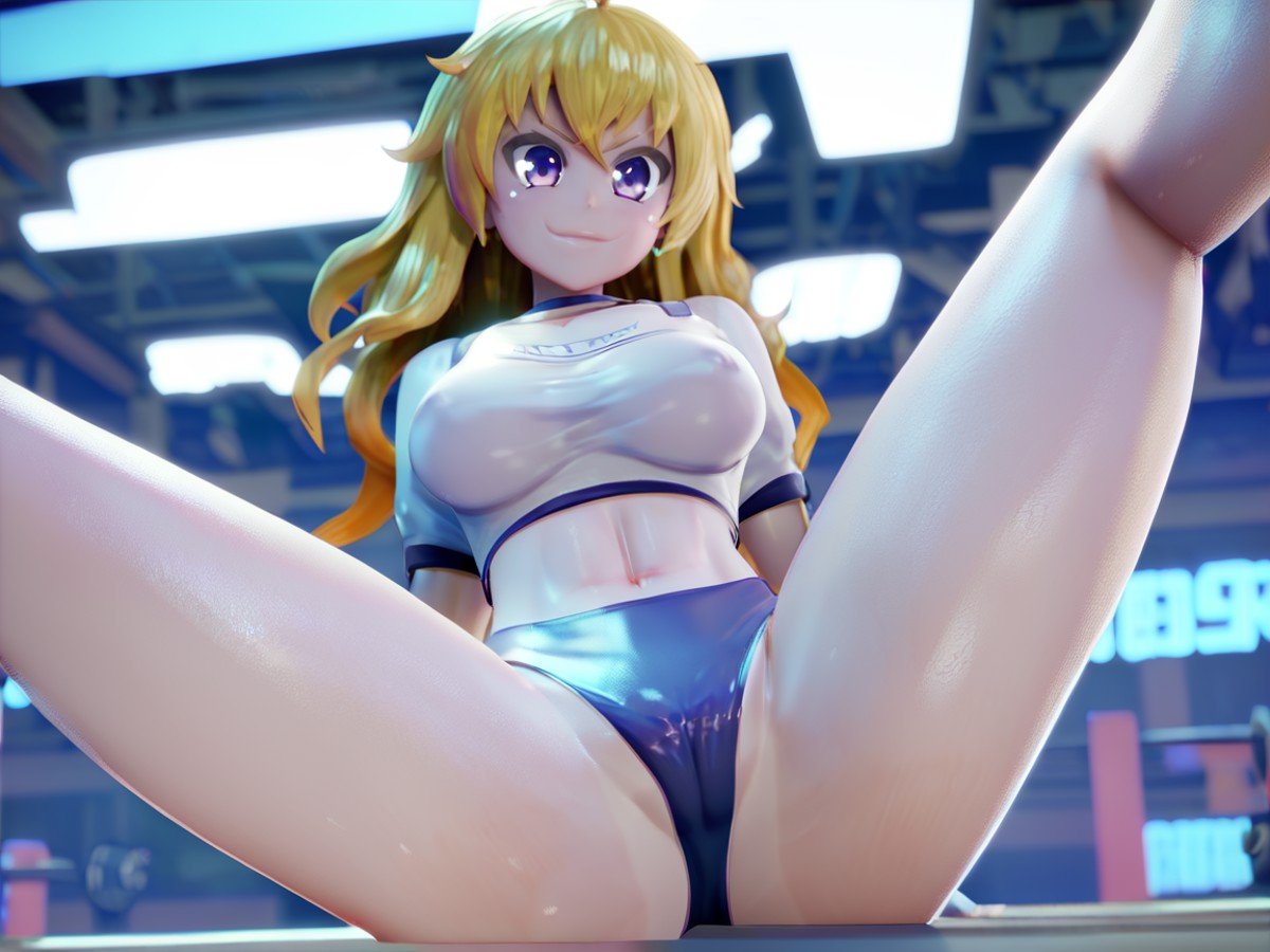 masterpiece,high quality,highres,score_9,score_8_up,score_7_up,score_6_up,solo focus,background,between legs,BREAK 1girl,Yang Xiao Long,large breasts,gym uniform,cameltoe,<lora:mantis-x_Pony_locon_e26:1>,