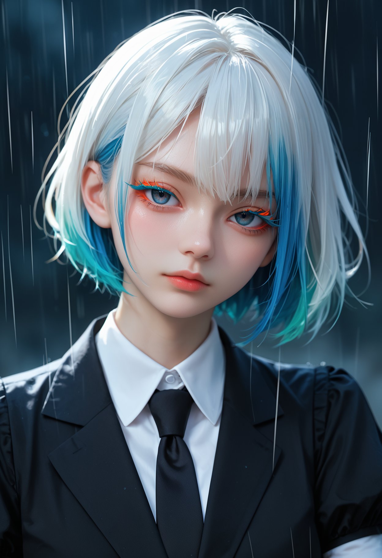 score_9,score_8_up,score_7_up,source_anime,portrait,1girl,hskdmnd,crystal hair,colored eyelashes,multicolored hair,short hair,black shirt,puffy short sleeves,collared shirt,black necktie,white elbow gloves,looking at viewer,expressionless,dark background,rain,