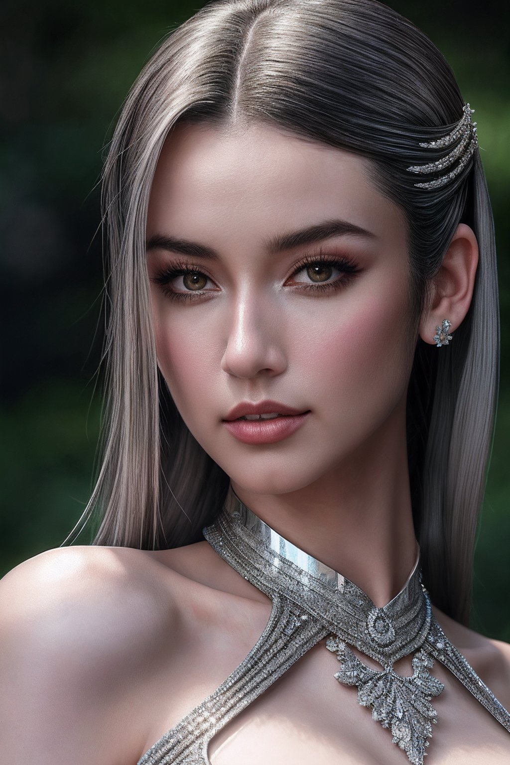 ArabellaSG_SoloTI_v1,  (In a dazzling,  silver armor that reflects light with a metallic sheen by Solo on Tensor.Art