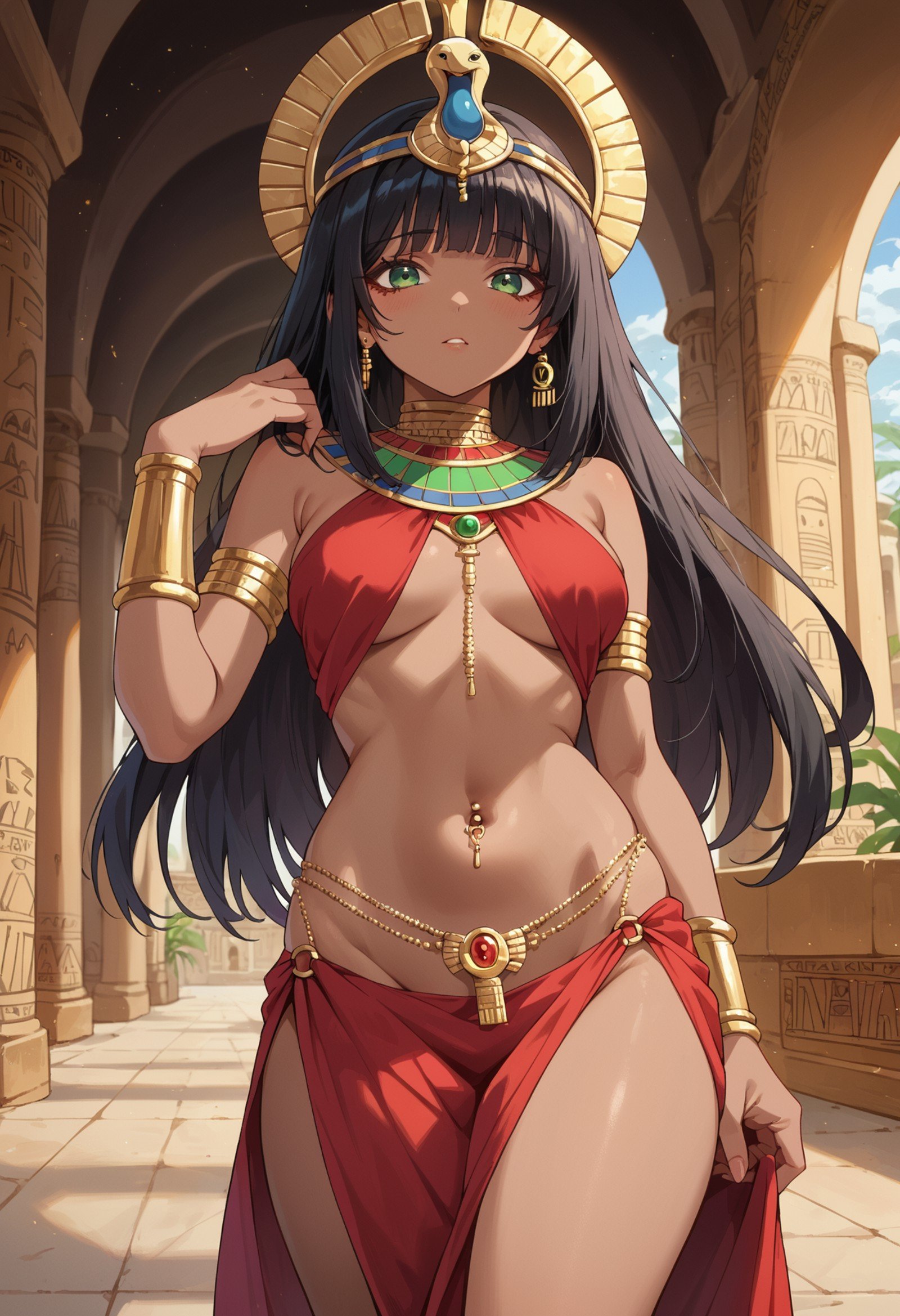 score_9, score_8_up, score_7_up,  source_anime, 1girl, egyptian palace, medium black hair,  bangs, green eyes, gold choker, belly chain, red clothes, navel piercing, dark skin