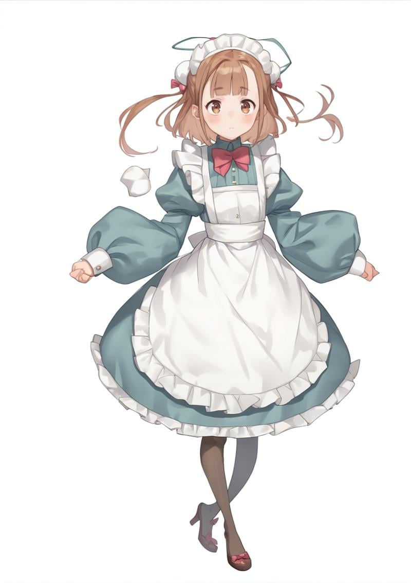 1girl :o apron black_legwear blush bow brown_eyes brown_hair bun_cover clenched_hand double_bun full_body hair_bun hands_u...