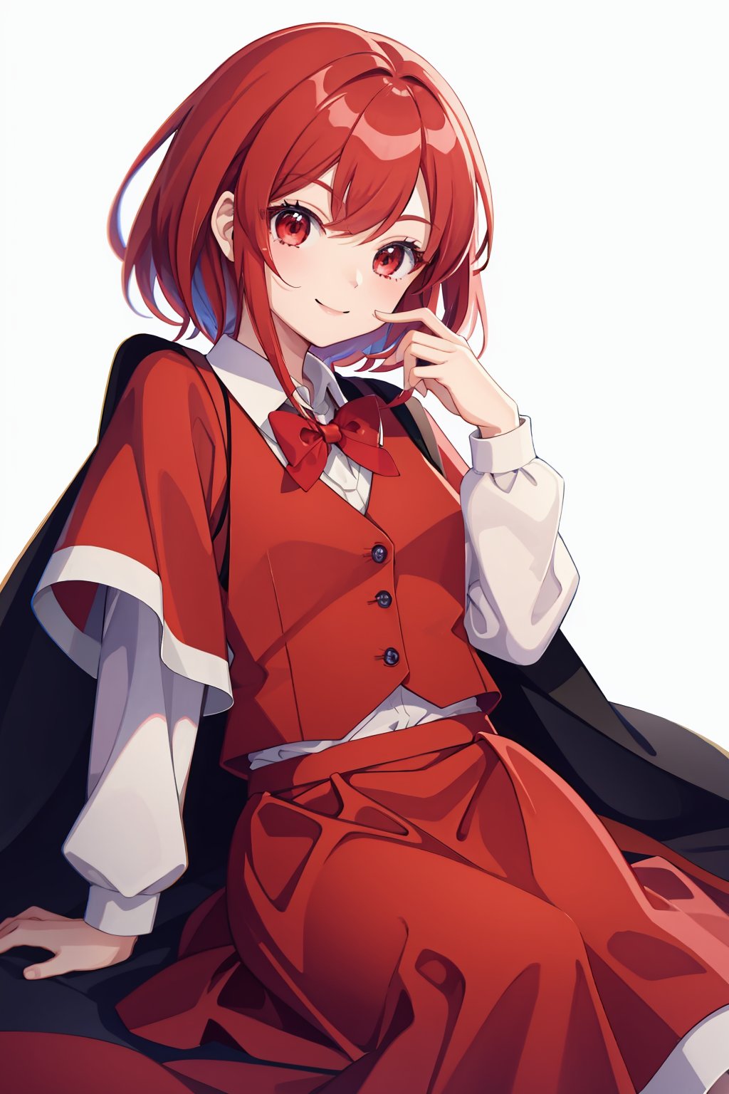 masterpiece,best quality, highly detailed, okazaki yumemi,1girl,red capelet,solo,red bowtie,red vest,red skirt,looking at viewer,long sleeves,white shirt,smile<lora:okazaki_yumemi:1>,simple background,white background