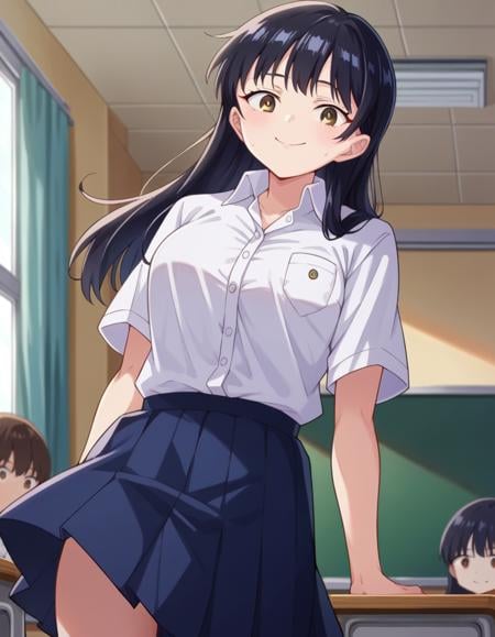 score_9, score_8_up, score_7_up, source_anime, annayamada, <lora:anna-yamada-s2-ponyxl-lora-nochekaiser:1>, anna yamada, long hair, bangs, black hair, brown eyes,skirt, shirt, school uniform, white shirt, pleated skirt, collared shirt, sweatdrop, blue skirt, pocket, shirt tucked in, breast pocket,indoors, classroom, smile,looking at viewer, cowboy shot, dutch angle,