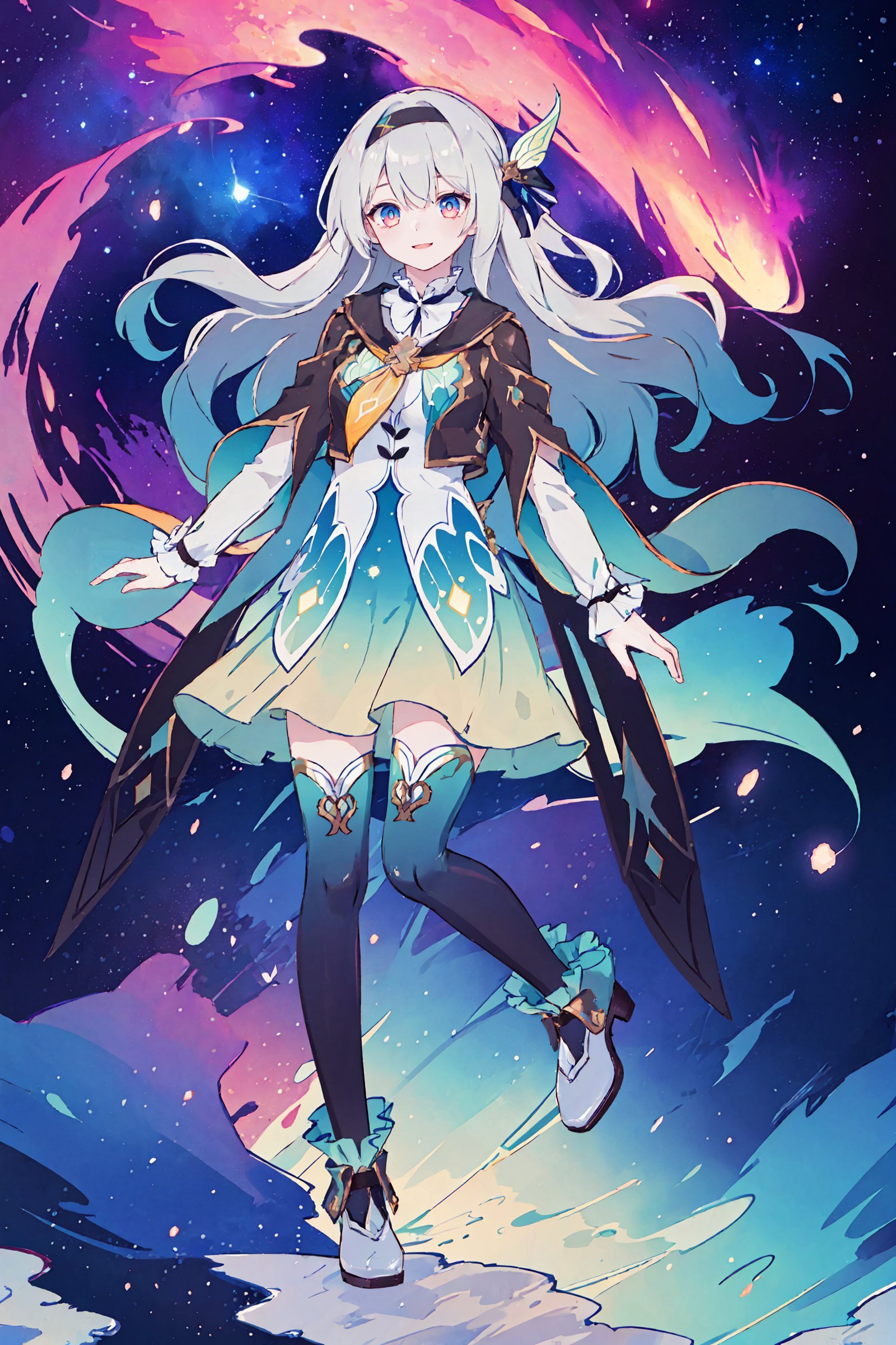 1girl, firefly \(honkai: star rail\), solo, black thighhighs, hairband, gradient skirt, hair ornament, blouse, frilled collar, frilled boots, cropped jacket, yellow neckerchief, full body, looking at viewer, floating, floating hair,  depth of field, space, nebula, starry sky, light smile, hand in own hair