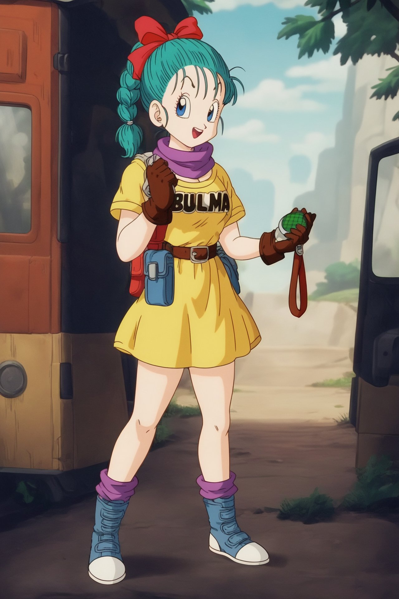 source_anime, score_9, score_8_up, score_7_up, anime screencap, bulma \(dragonball\), 1girl, solo, open mouth, smile, green_legwear, forest, clothes writing, character name, brown gloves, looking at viewer, green scarf, fanny pack, striped dress, yellow dress, gloves, ribbon, aqua hair, hair ribbon, weapon, braid, boots, outdoors, sky, day, cloud, bag, scarf, black eyes, tree, gun, single braid, facing viewer, handgun, single glove, watch, braided ponytail, wristwatch, holster, holstered weapon, dragon radar, blue footwear, blue sky, teeth, socks, <lora:bulma_pony_v1:0.8>