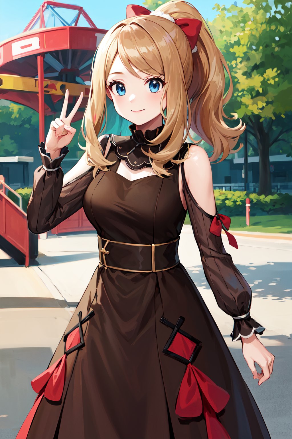 masterpiece, best quality, highres, eeserena, solo, long hair, ponytail, hair bow, sidelocks, eyelashes, blue eyes, (brown dress:1.1), shoulder cutout, long sleeves, <lora:serena_(pokemon)_v2:0.7>, peace sign, outdoors, amusement park, standing, smile