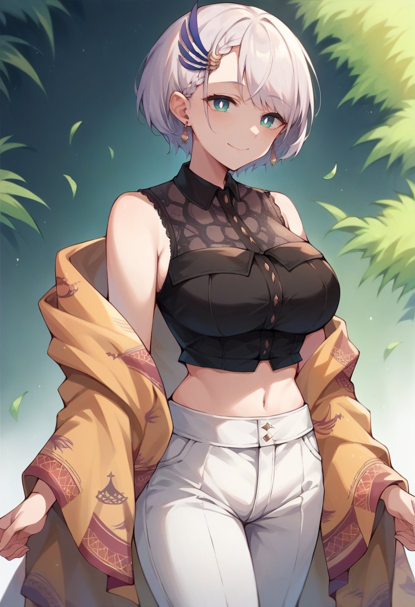 score_9, score_8_up, score_7_up, 1girl, solo, ReineCasual, bright pupils, short hair, feather hair ornament, earrings, black shirt, sleeveless, midriff, white pants, shawl, large breasts, smile, <lora:PavoliaReinePDXL:1>