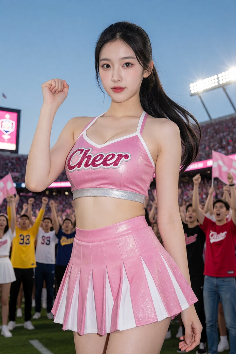 Create an image of a young woman posing confidently in a vibrant sports stadium. She has long,  dark hair styled in a slee...