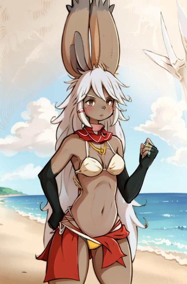 (anthro furry:1.2), VieraCzar, (viera, dark skin, brown eyes, long hair, bikini, pinup), (sea, sand, waves, sun), (masterpiece:1.2), hires, ultra-high resolution, 8K, high quality, (sharp focus:1.2), clean, crisp, cinematic, <lora:VieraFFTA-14:1>