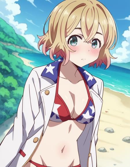 score_9, score_8_up, score_7_up, source_anime,maminanami, <lora:mami-nanami-s1-ponyxl-lora-nochekaiser:1>mami nanami, short hair, aqua eyes, blonde hair, hair between eyes,navel, jacket, swimsuit, bikini, white jacket, flag print, american flag bikini,outdoors, beach, on side, blush, drunk,looking at viewer, dutch angle, cowboy shot