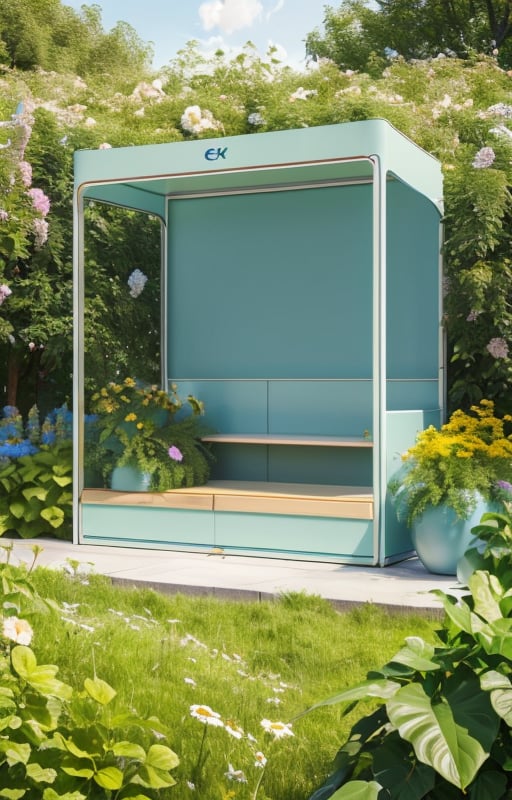 zhantai,countertop,outdoor,dream scene,light blue sky,high definition,normal contrast,(e-commerce booth:1.4),high-end color,plants  surround the stand,in a meadow,green plant,flowers,<lora:dianshangzhantai:0.7>,