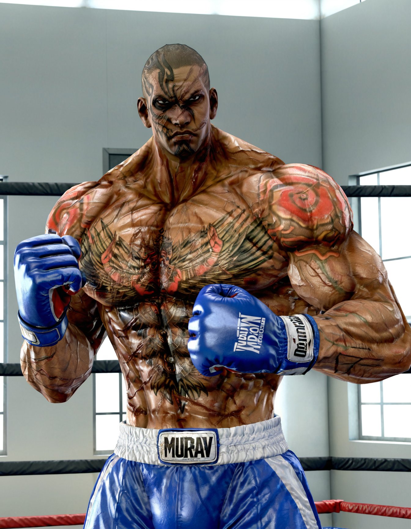 anatomically correct, solo, fahkumramsd, scar, tattoo, very dark skin, dark-skinned male, muscular, bodybuilder, huge pectorals, huge biceps, shiny skin, |  zPDXLxxx, blue boxing gloves, boxing pants, muay thai, fighting stance<lora:Fahkumram-T5kagALM:1>