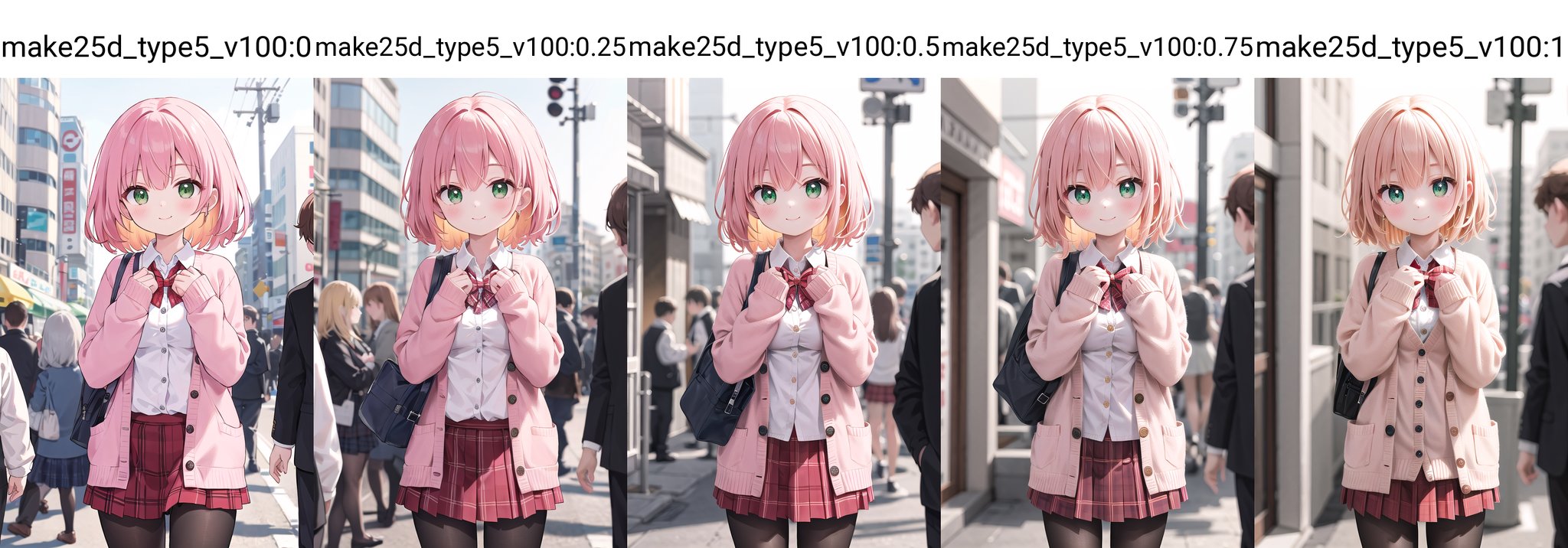 <lora:make25d_type5_v100:0>, insanely detailed, absurdres, ultra-highres, ultra-detailed, best quality,1girl, solo, nice hands, perfect handsBREAK(School Uniforms:1.2), (pink cardigan is fit body:1.4), ((do up a buttons, not loose):1.5), ((long sleeve, sleeves past wrists):1.2), (inner wear is white collared-shirt:1.3), (red plaid-pattern bow:1.3), (red plaid-pattern pleated skirt:1.3), ((dark-brown pantyhose, loafers):1.2), (nsfw:-1.5)BREAKhappy smile, laugh, closed mouthBREAKfrom below,standing, cowboy shot, looking at viewerBREAKslender, kawaii, perfect symmetrical face, ultra cute girl, ultra cute face, ultra detailed eyes, ultra detailed hair, ultra cute, ultra beautifulBREAKin street, cityscape in shibuya, depth of field, ultra detailed backgroundBREAKmedium breastsBREAKorange hair, green eyes, messy hair, 