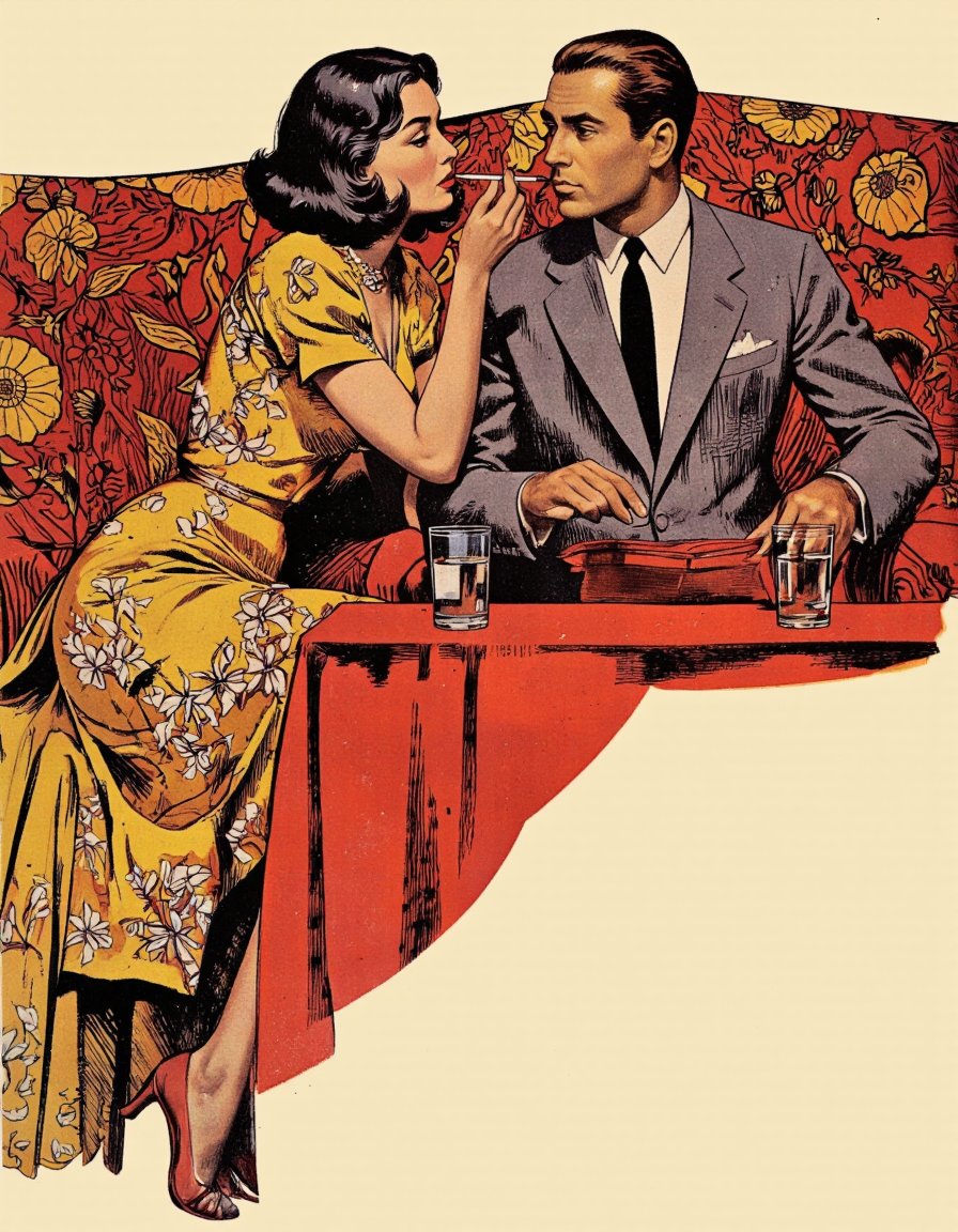 RobGin style. A vintage illustration from the 1950s featuring a man and a woman sitting at a table,  engaged in a conversa...