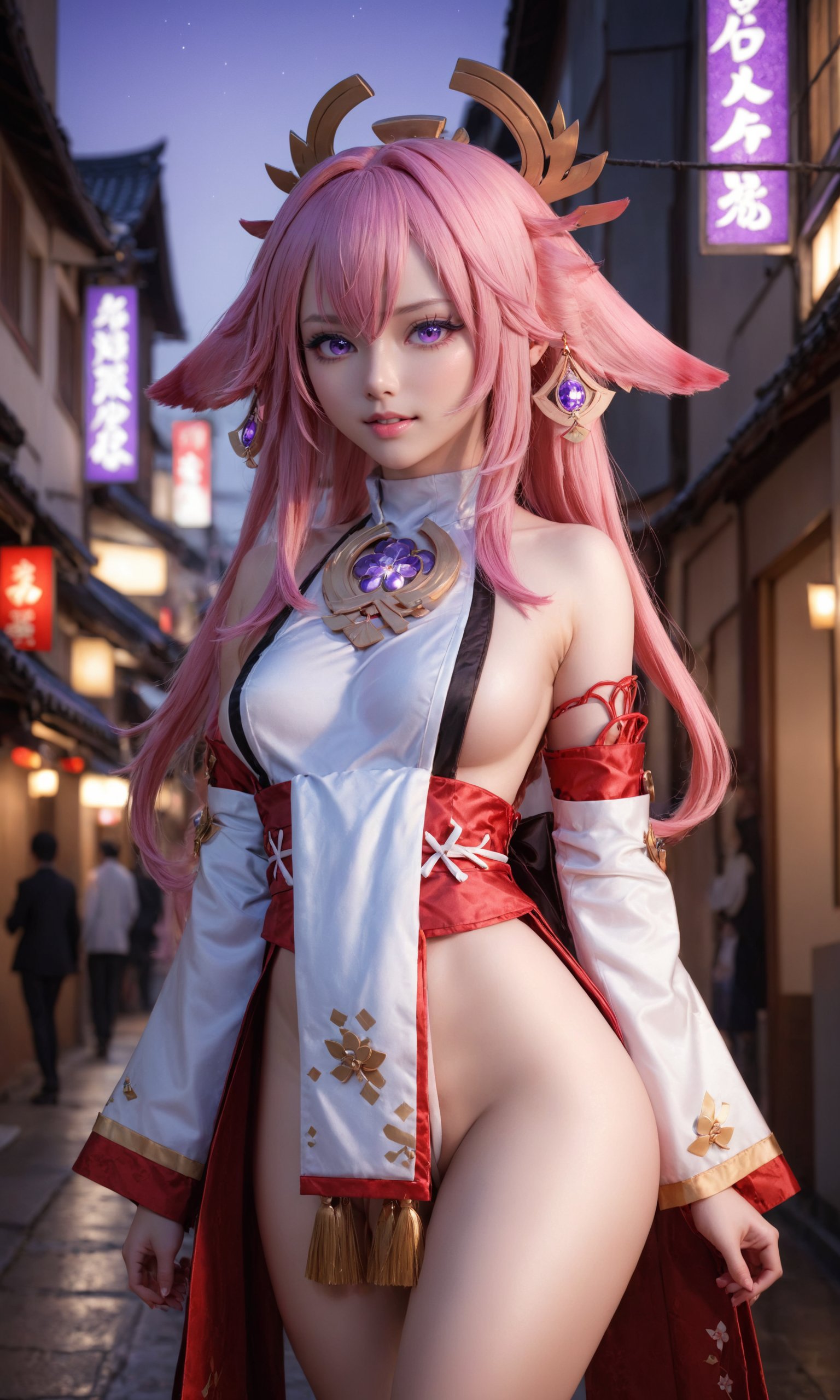 masterpiece,(8k, RAW photo, best quality, masterpiece,:1.2),mid_shot,front view,shiny_skin,glamor,seduction,pornography,(Highest picture quality),(Master's work),full body,(ultra-detailed),yae miko,3D graphics,Anime,vision (genshin impact),1girl,shiny skin,standing,pink hair,purple eyes,nsfw,(facial close-up),((street)),<lora:MIAOKA_Yae Miko_XL:0.8>,