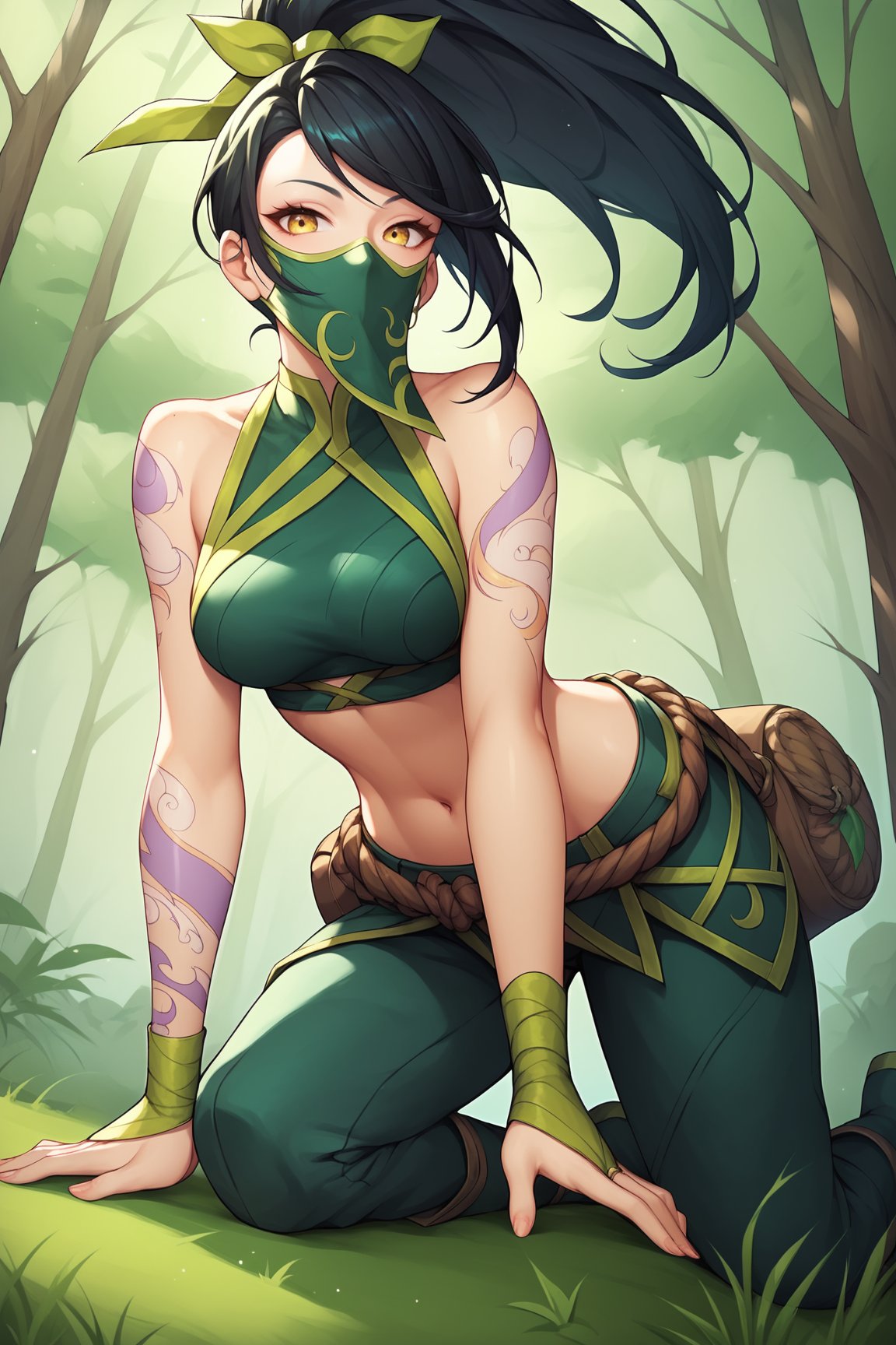 score_9, score_8_up, score_7_up, score_6_up, score_5_up, score_4_up, AkaliLoLXL, green mouth mask, yellow eyes, black hair, swept bangs, green ribbon, hair ribbon, long ponytail, arm tattoo, tattoo, medium breasts, bare shoulders, green crop top, leaf on hand, navel, rope belt, cylinder bag, hip vent, green pants, green boots, all fours, looking at viewer, forest, tree  <lora:AkaliLoLXL:0.8>