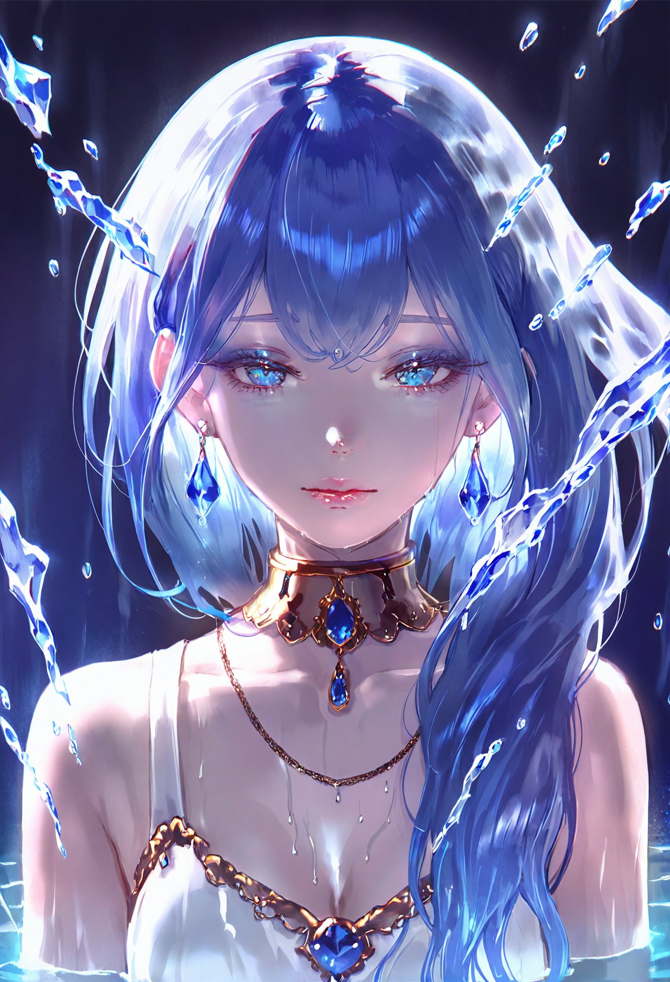 masterpiece, best quality,1girl,   solo, blue eyes, blue hair, jewelry, looking at viewer, earrings, portrait, water, gem, bangs, blue theme, hair between eyes, parted lips, collarbone, liquid hair, blue gemstone, glint, eyelashes, breasts, medium breasts, neck ring, blue background, water drop, crystal hair, hair behind ear, cleavage, straight-on, hydrokinesis, necklace, sparkle, long hair <lora:1111111XLlokr8f-000187:0.95>