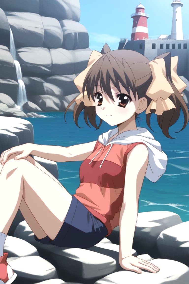 HD, 8k, highres, mantialiasing, Highly detailed, High Quality, masterpiece, beautiful, source_anime, BREAK sea lighthouse, stones near the coast,BREAK 1girl, solo, (feminine focus, young woman, 16 years old), Karen Katou, short hair, brown hair, brown eyes, ribbon, twintails, hair ribbon,BREAK hood, hoodie, sleeveless, short sneakers<lora:EMS-454882-EMS:1.000000>