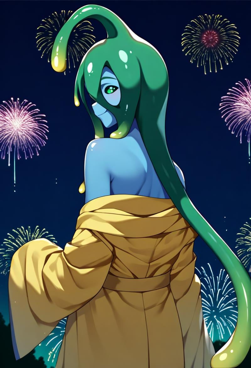 score_9, score_8_up, score_7_up, source_anime, from behind, solo, 1girl, mmsuu, monster girl, slime girl, blue skin, happy, looking back, tentacle hair, ahoge, yellow kimono, off shoulder, bare shoulders, fireworks <lora:monstermusume_suu_ponyXL:1>