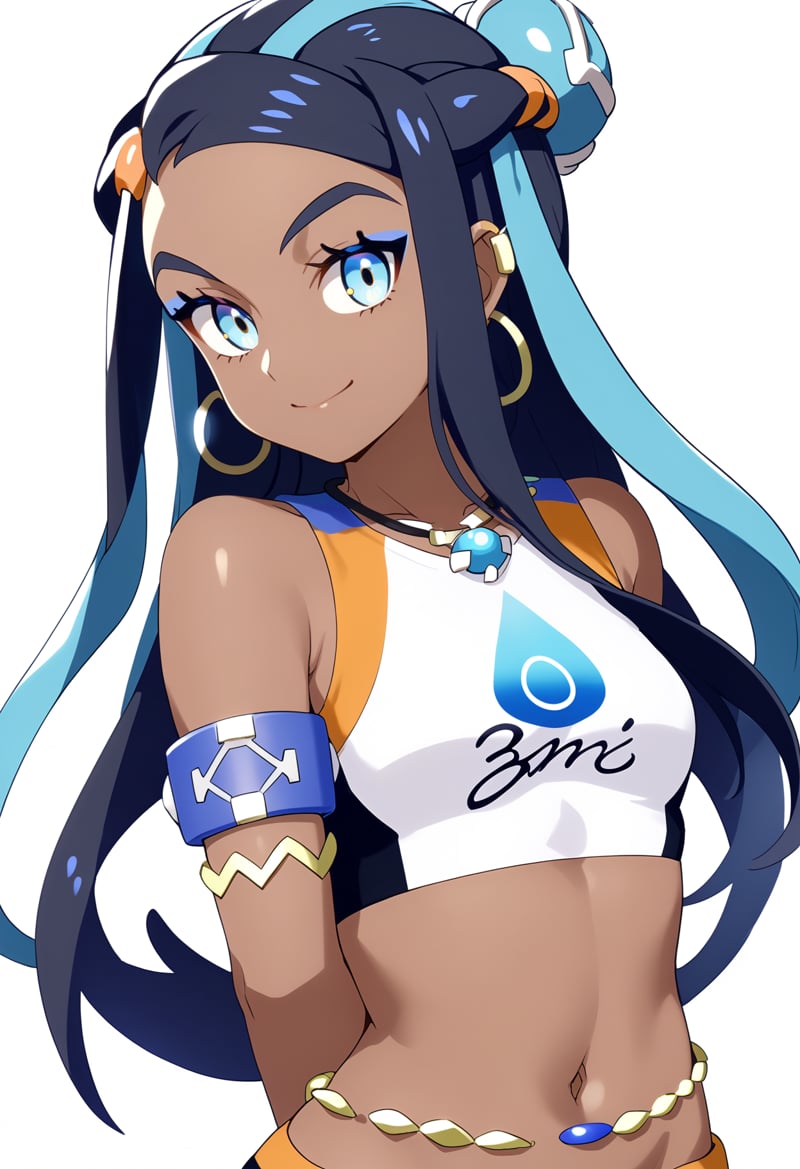 score_9, score_8_up, score_7_up, BREAK,1girl, nessa, black hair, blue hair, long hair, multicolored hair, blue eyes, blue hair,dark skin, single hair bun,armlet,  crop top, hoop earrings, necklace, midriff, navel, belly chain,arms behind back, smile, upper body, standing, looking at viewer, solo, simple background, white background   <lora:NessaXL:1>