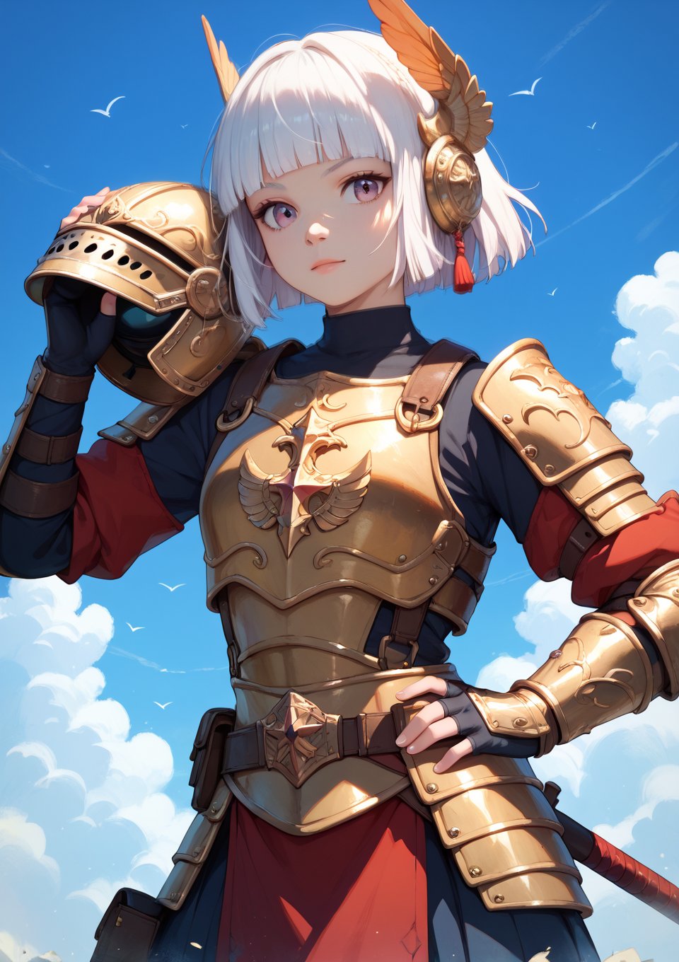 score_9,score_8_up,score_7_up,short hair,white hair,hime cut,1girl,solo,facing viewer,looking at viewer,girl in black warrior armor,posing proudly on the battlefield,holding a helmet in her hand,