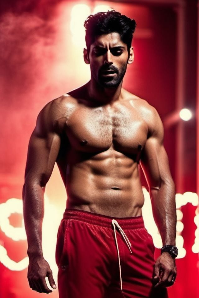 mahesh jadu a man ,  realistic photo in a worn ((skin-revealing skimpy erotic red tracksuit,  massive hairy pecs)) by Hott...