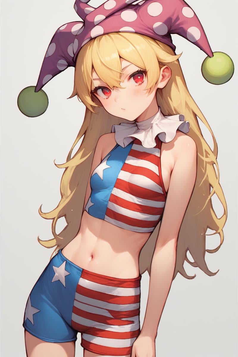 score_9, score_8_up, score_8, score_9, 1 girl,  source_anime, <lora:clownpiece_pony-10:1>, jester cap, neck ruff, blonde hair, american flag pikini, clownpiece, red eyes, long hair, small breasts, 