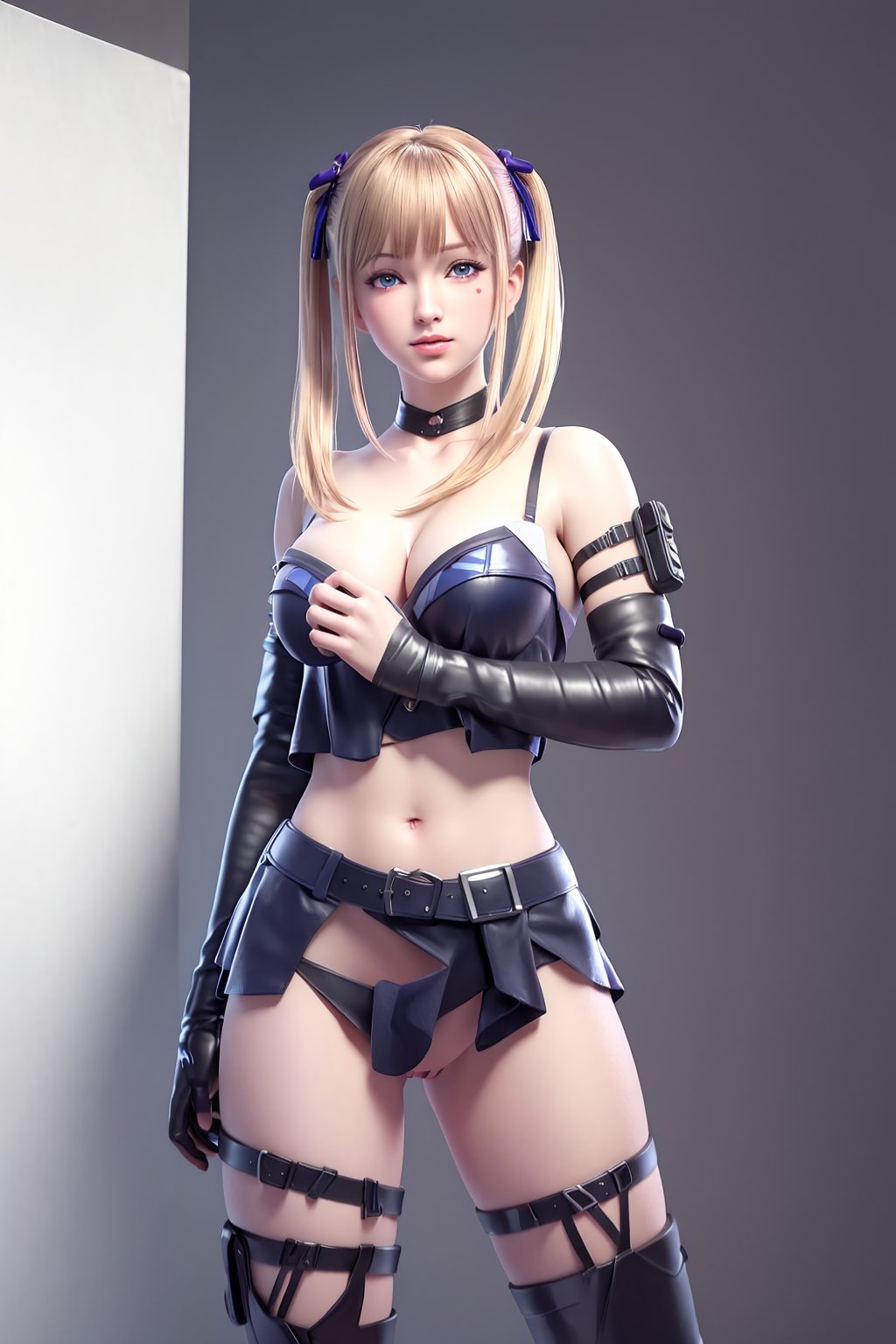 standing, nude, nsfw, looking at viewer, science fiction, cyberpunk \(series\),   cyberpunk, 1girl, blonde hair, solo, twintails, blue eyes,  choker, ribbon, lips, long hair, hair ribbon, thighhighs, pussy,nail polish,photo_\(medium\),(breasts, medium_breasts, cleavage),makeup,(8k, RAW photo, best quality, masterpiece:1.2),(realistic, photorealistic:1.3),ultra-detailed,extremely detailed cg 8k wallpaper,(crystalstexture skin:1.2),extremely delicate and beautiful,