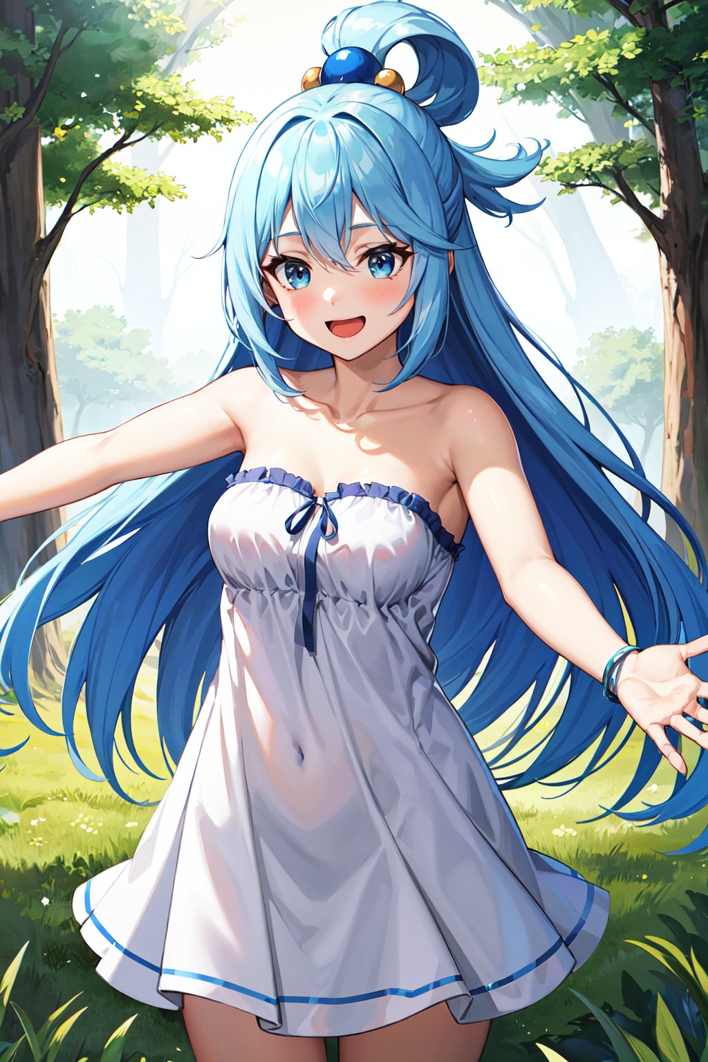 masterpiece, best quality, highres, aaaqua, long hair, blue hair, hair rings, hair ornament, <lora:aqua_(konosuba)_v1:0.7>, sun dress, collarbone, strapless, white dress, forest, smile, open mouth, outstretched arms, sunlight, 