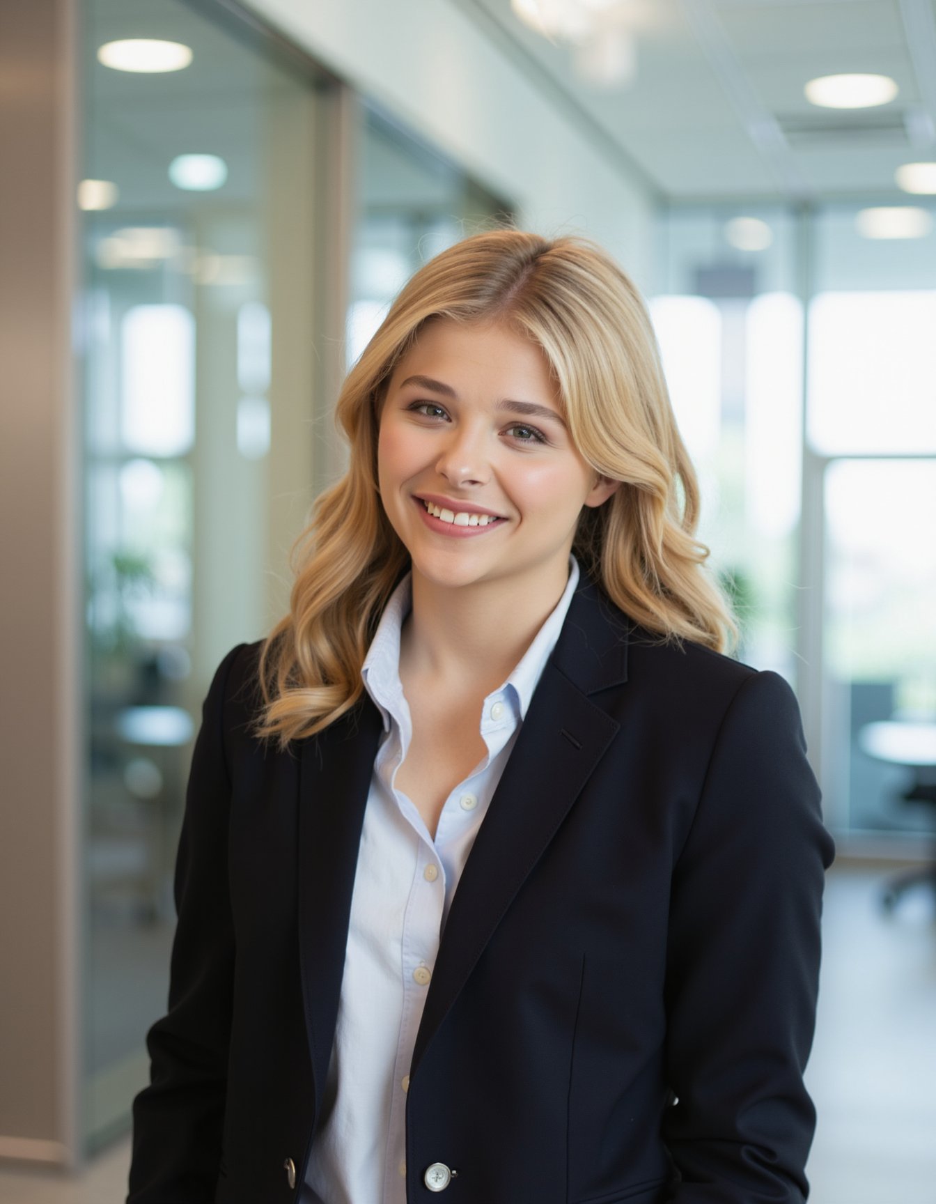 Mid-shot portrait of a beautiful woman  chloe grace moretz  in her 20s in an hi tech office with blazer and a shirt under  <lora:chloe_grace_moretz_flux_lora_v1_000002000:1>