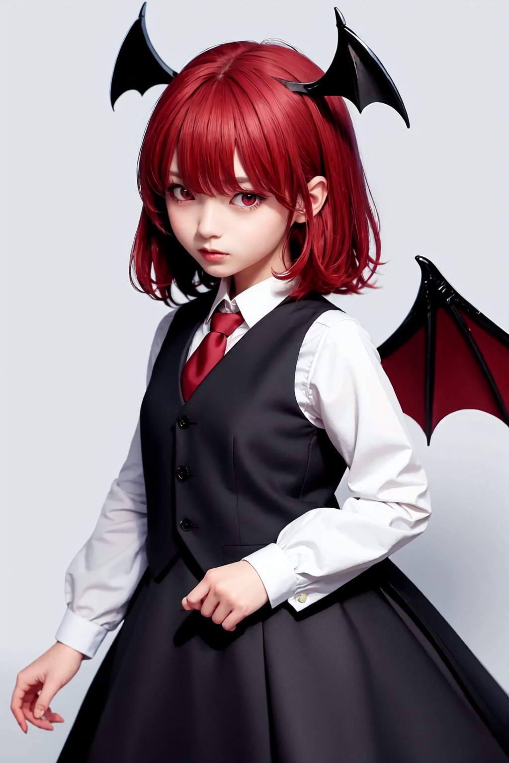 koakuma,1girl,head_wings,bat_wings,solo,red_necktie,open_mouth,black_vest,white_shirt,looking_at_viewer,simple_background,blush,long_sleeves<lora:koakuma:1>,simple background,white backgroundmasterpiece,best quality, highly detailed, 