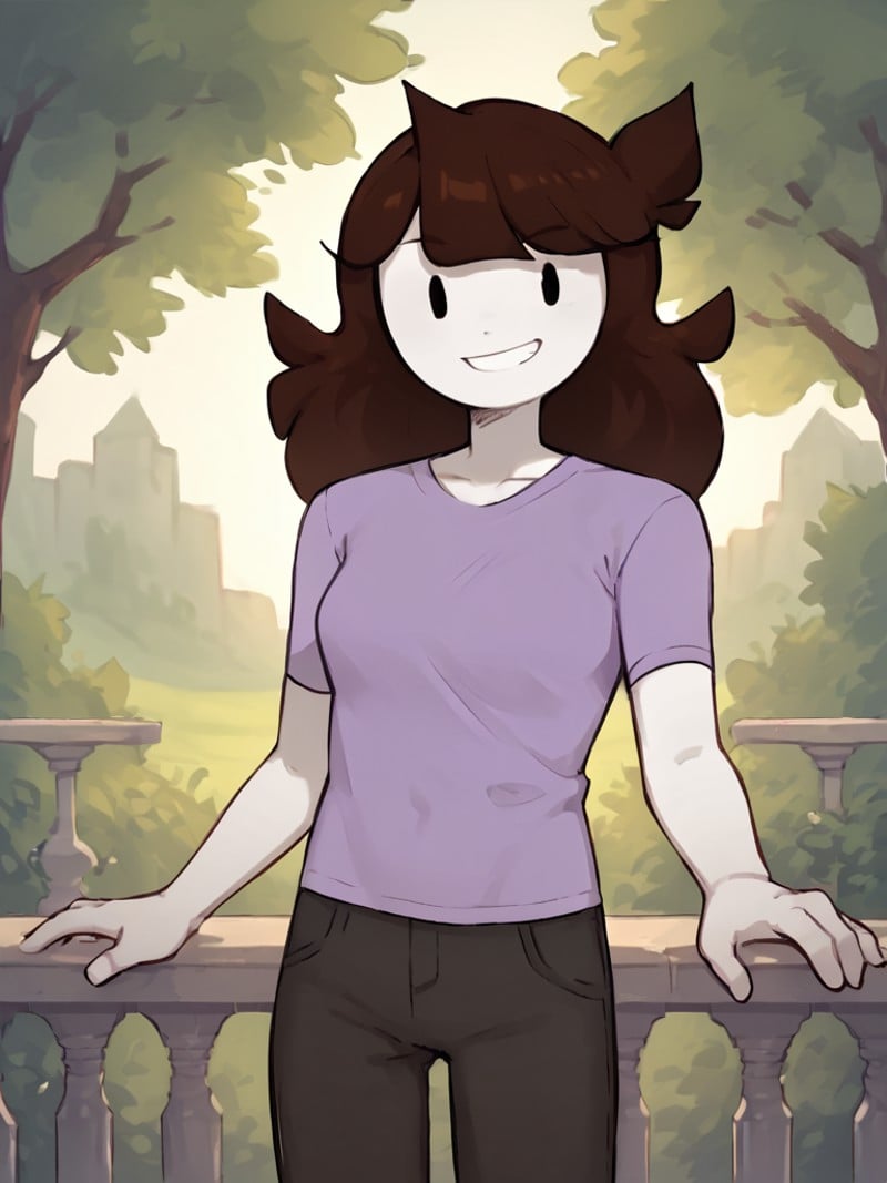 <lora:JaidenPony1.0:1> jaiden, 1girl, purple shirt, long hair, solo, brown hair, flat color, short sleeves, white skin, grey pants, black eyes,looking at viewer, smile,  outside, score_9, score_8_up, score_7_up, score_6_up <lora:Smooth Anime Style LoRA XL:1>