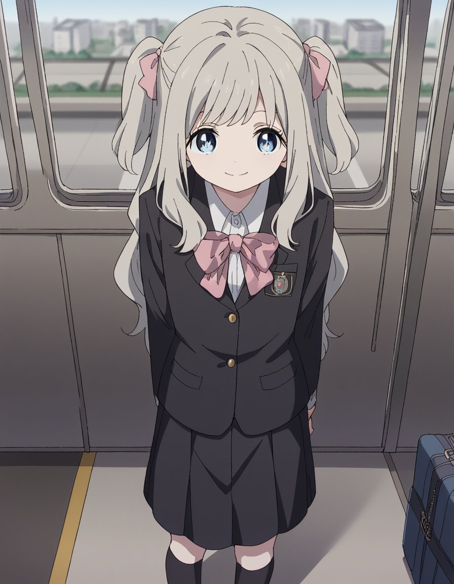 score_9, score_8_up, score_7_up, source_anime, <lora:hotaru-hiraiwa-s1-ponyxl-lora-nochekaiser:1>, hotaru hiraiwa, long hair, bangs, blue eyes, grey hair,, skirt, long sleeves, school uniform, jacket, socks, black skirt, two side up, black jacket, kneehighs, blazer, black socks, bow, bowtie, stripped, stripped bowtie,, train station, waiting for train, suitcase, traveling, commute, city skyline, hands behind back,, smile, , hand touching face, foot pointed, elbow up, solo,, cowboy shot, dutch angle